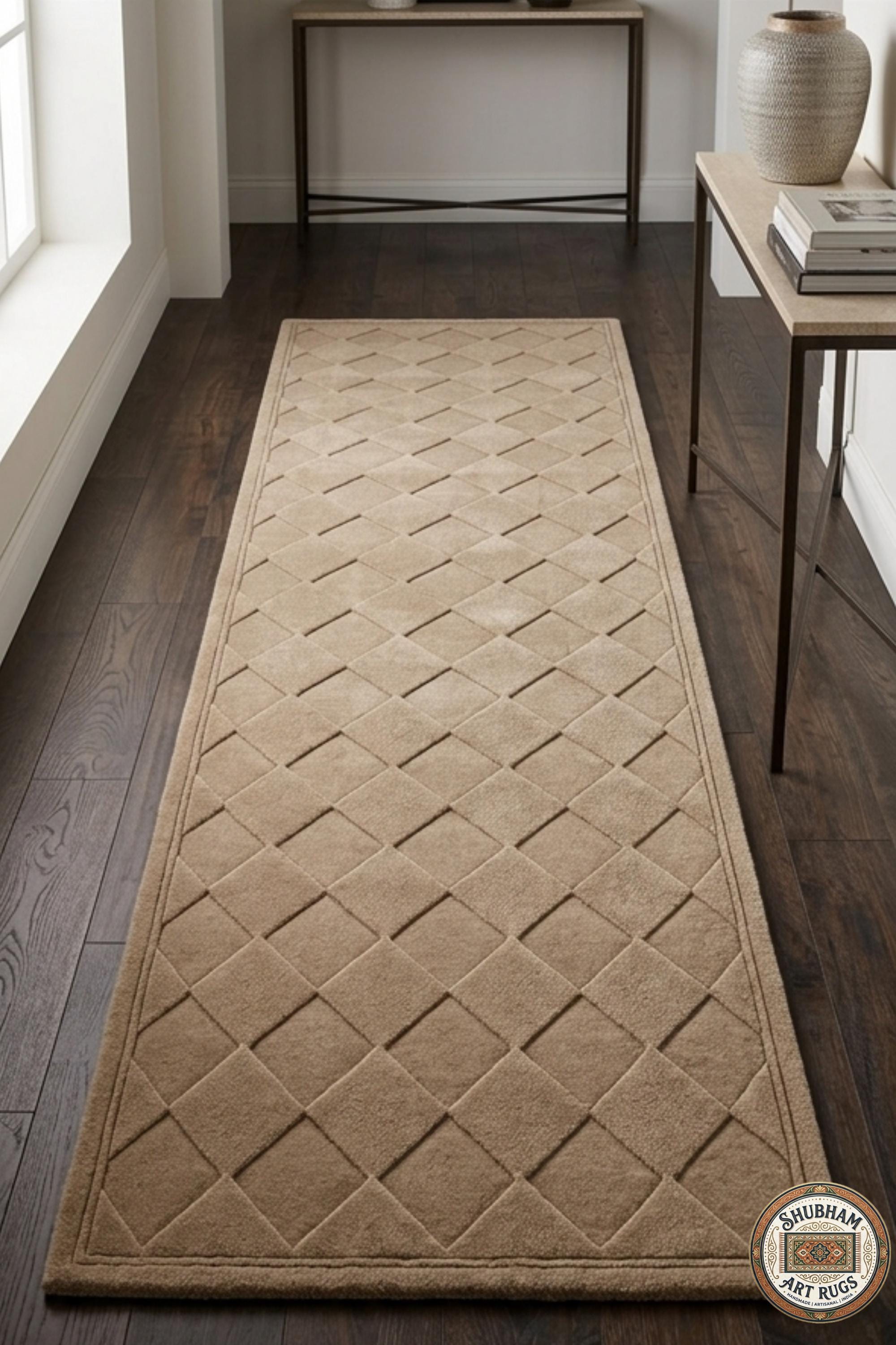 Hand Tufted Wool Rug, Beige Geometric Diamond, Modern Plush Carpet, Minimalist Home Decor