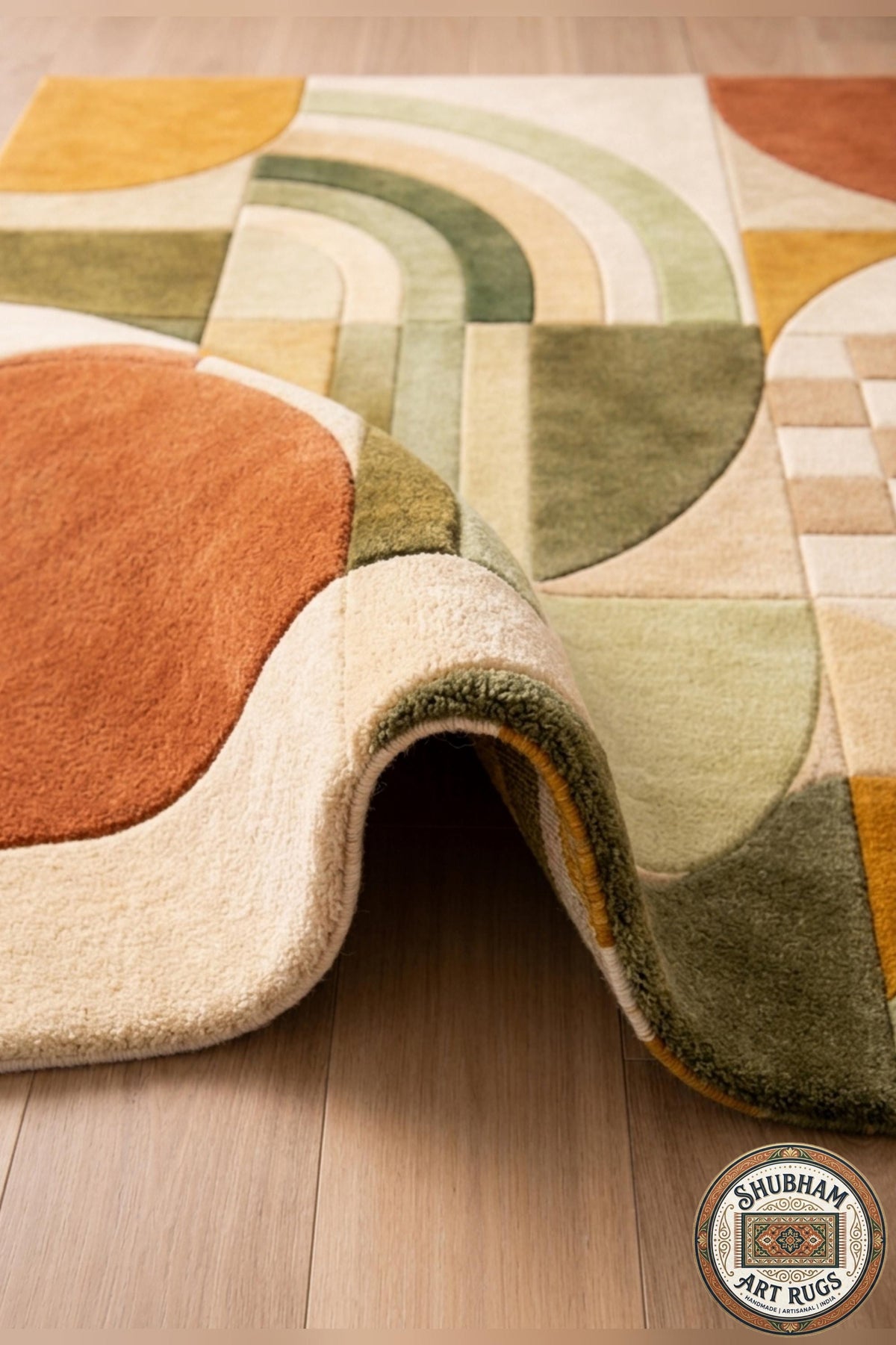Hand Tufted Geometric Wool Rug, Abstract Boho Organic Carpet