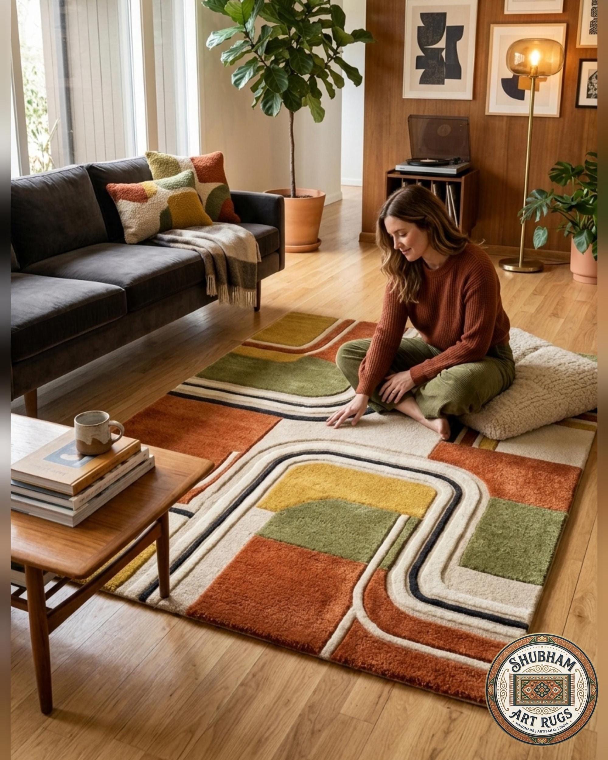 Hand Tufted Wool Rug, Modern Geometric Abstract Carpet, Retro Area Rug, Living Room Bedroom