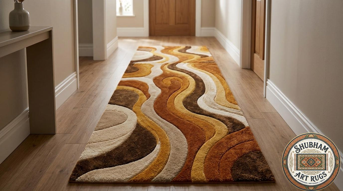 Hand Tufted Wool Rug: Retro Wavy Design, Mid Century Modern Carpet
