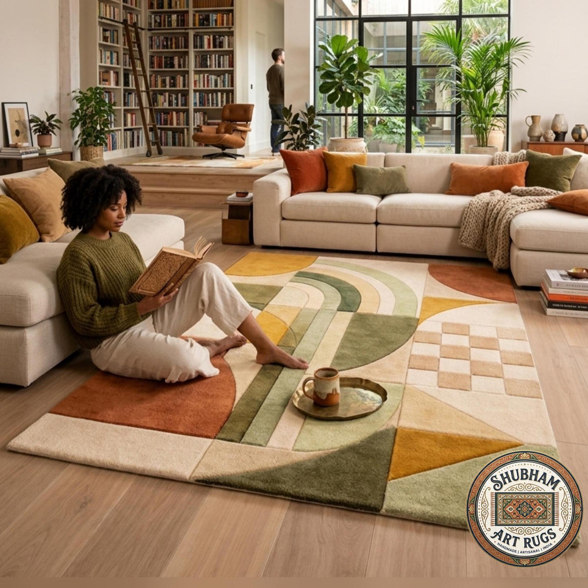 Hand Tufted Geometric Wool Rug, Abstract Boho Organic Carpet