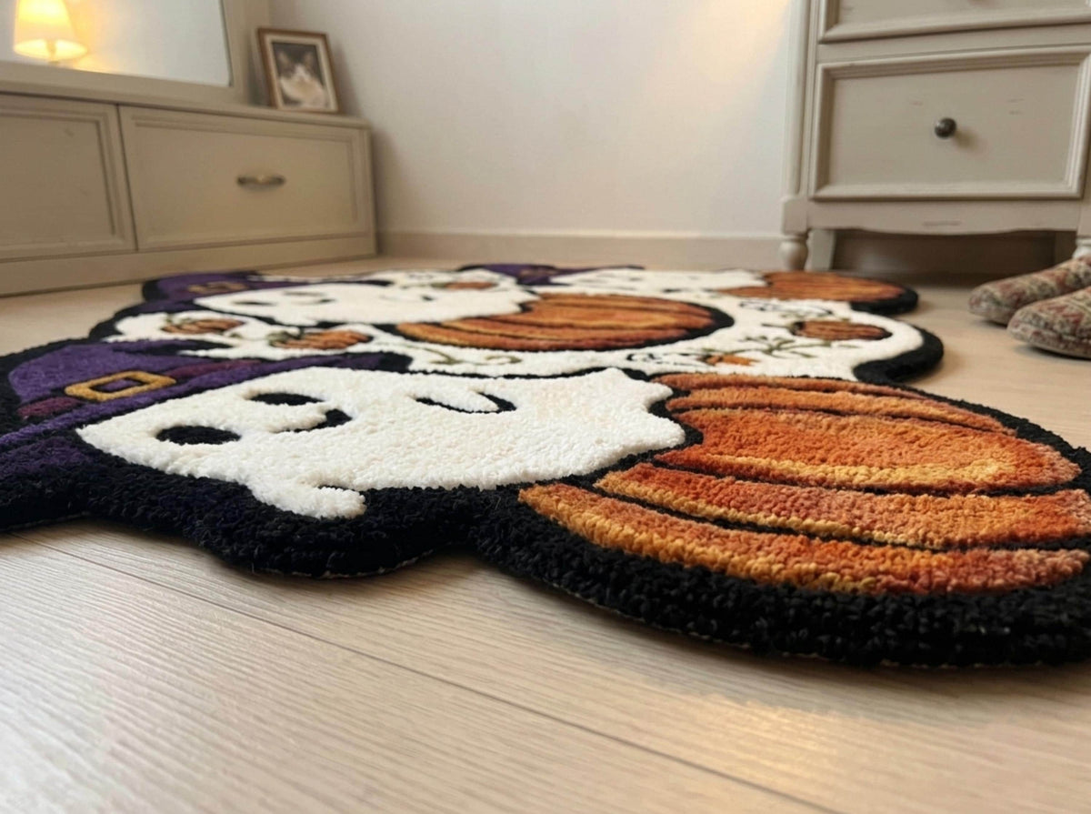 Hand Tufted New Zealand Wool Halloween Rug, Ghosts, Pumpkins, Witch Hats (Custom Shape)