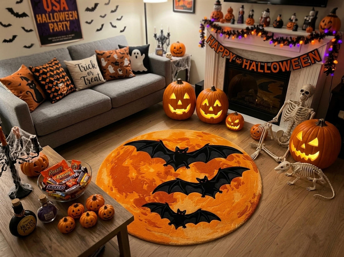 Halloween Bat Rug, Hand Tufted New Zealand Wool, Orange Moon Area Rug, Spooky Gothic Decor, Bat Lover Gift, Fall Home Accent Decor!
