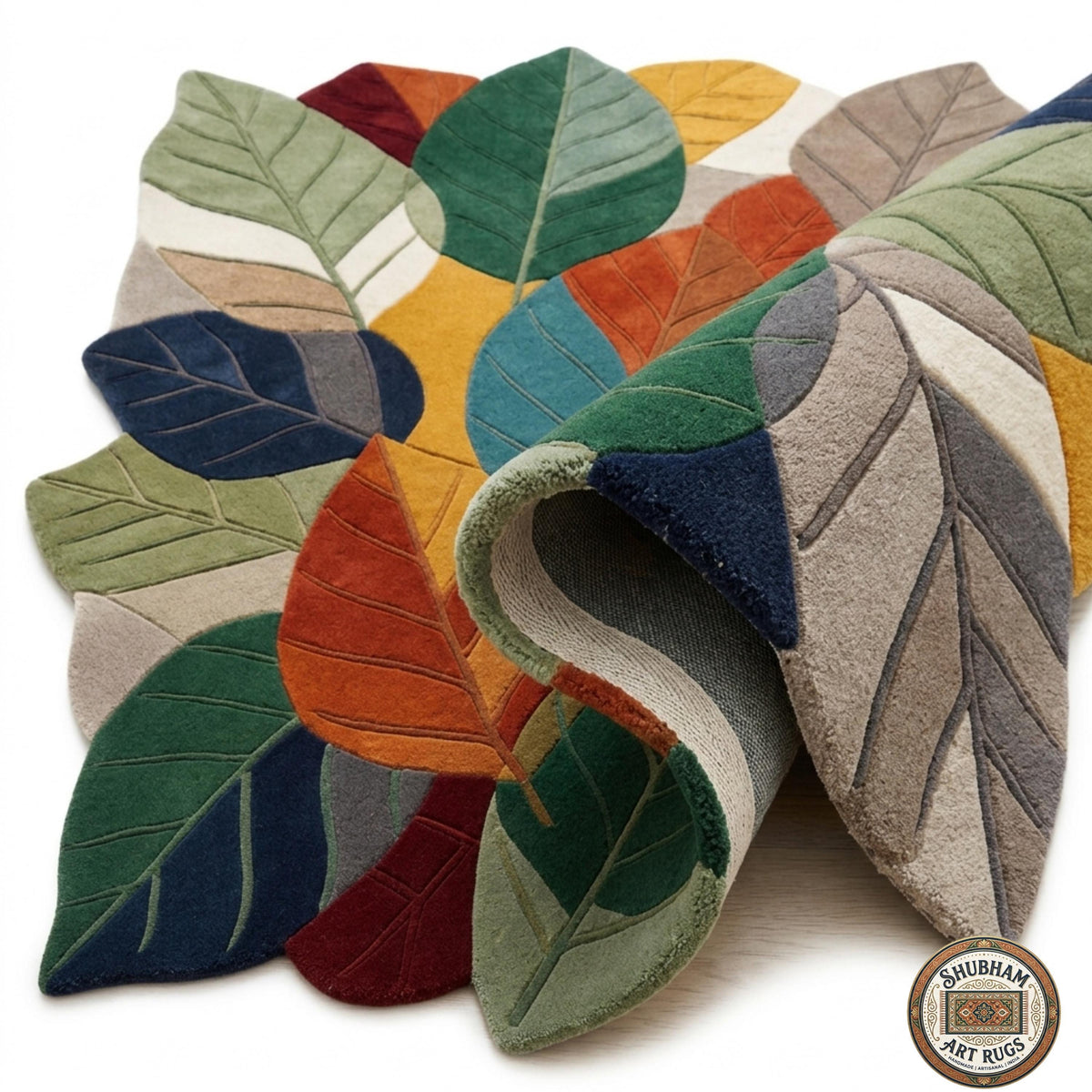 Hand Tufted Wool Leaf Rug, Organic Botanical Area Carpet, Modern Nature Decor