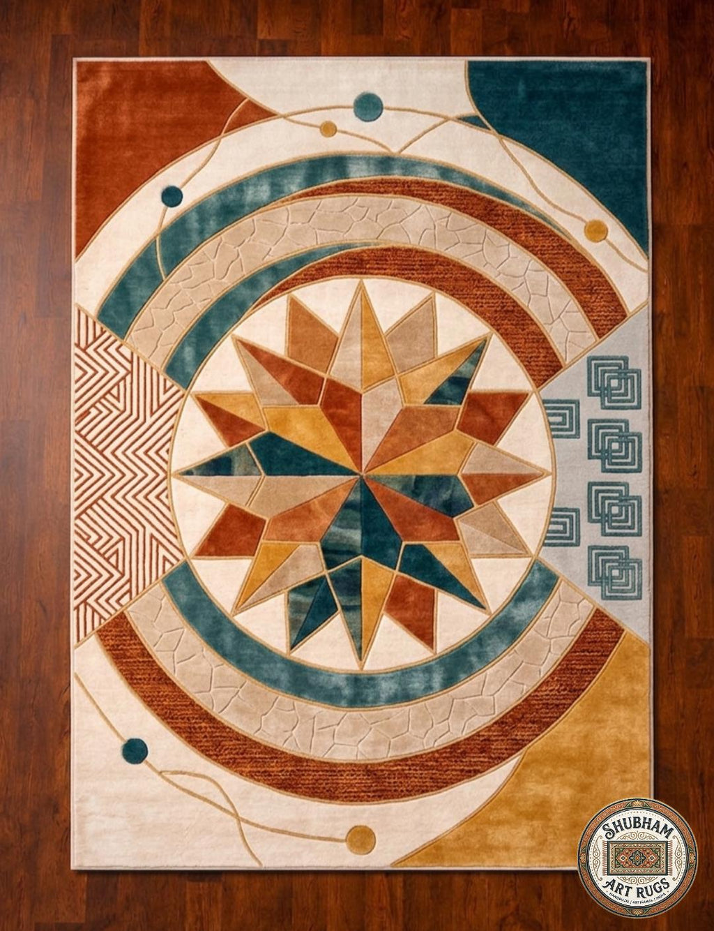 Hand Tufted Wool Rug, Geometric Compass Design, Modern Boho Living Room Carpet