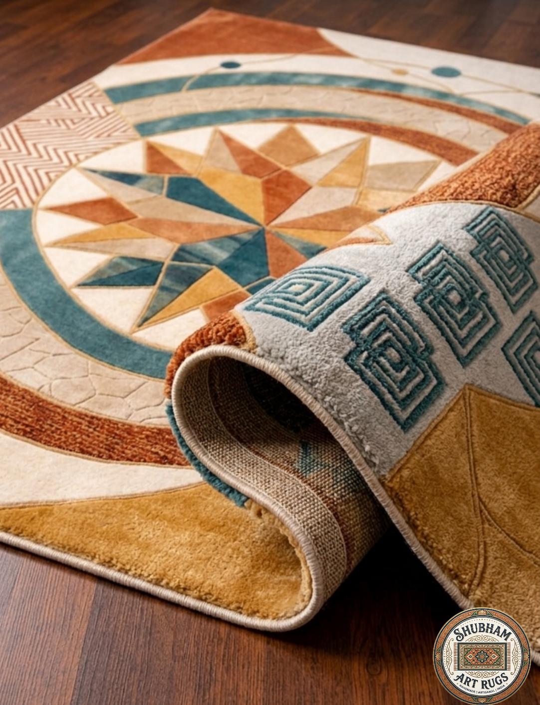 Hand Tufted Wool Rug, Geometric Compass Design, Modern Boho Living Room Carpet
