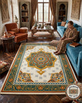 Hand Tufted Wool Rug, Islamic Moroccan Area Carpet, Cream Teal Gold Home Decor