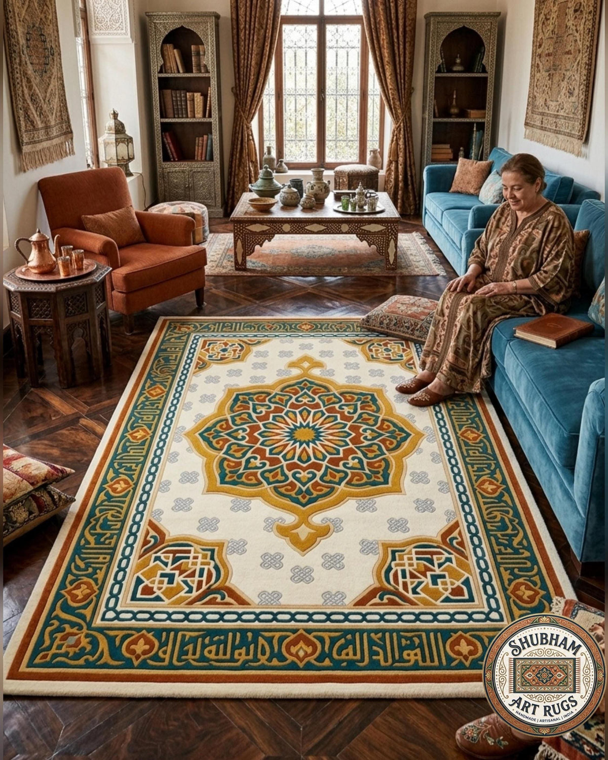 Hand Tufted Wool Rug, Islamic Moroccan Area Carpet, Cream Teal Gold Home Decor