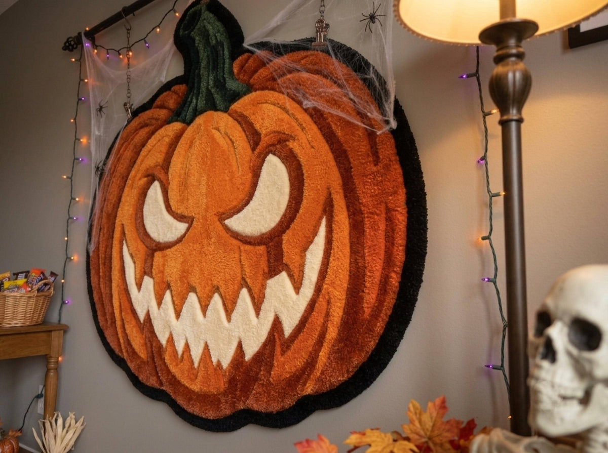 Halloween Pumpkin Rug, Hand Tufted New Zealand Wool, Jack O Lantern Area Rug, Spooky Fall Decor, Gothic Halloween Home Gift Decor!