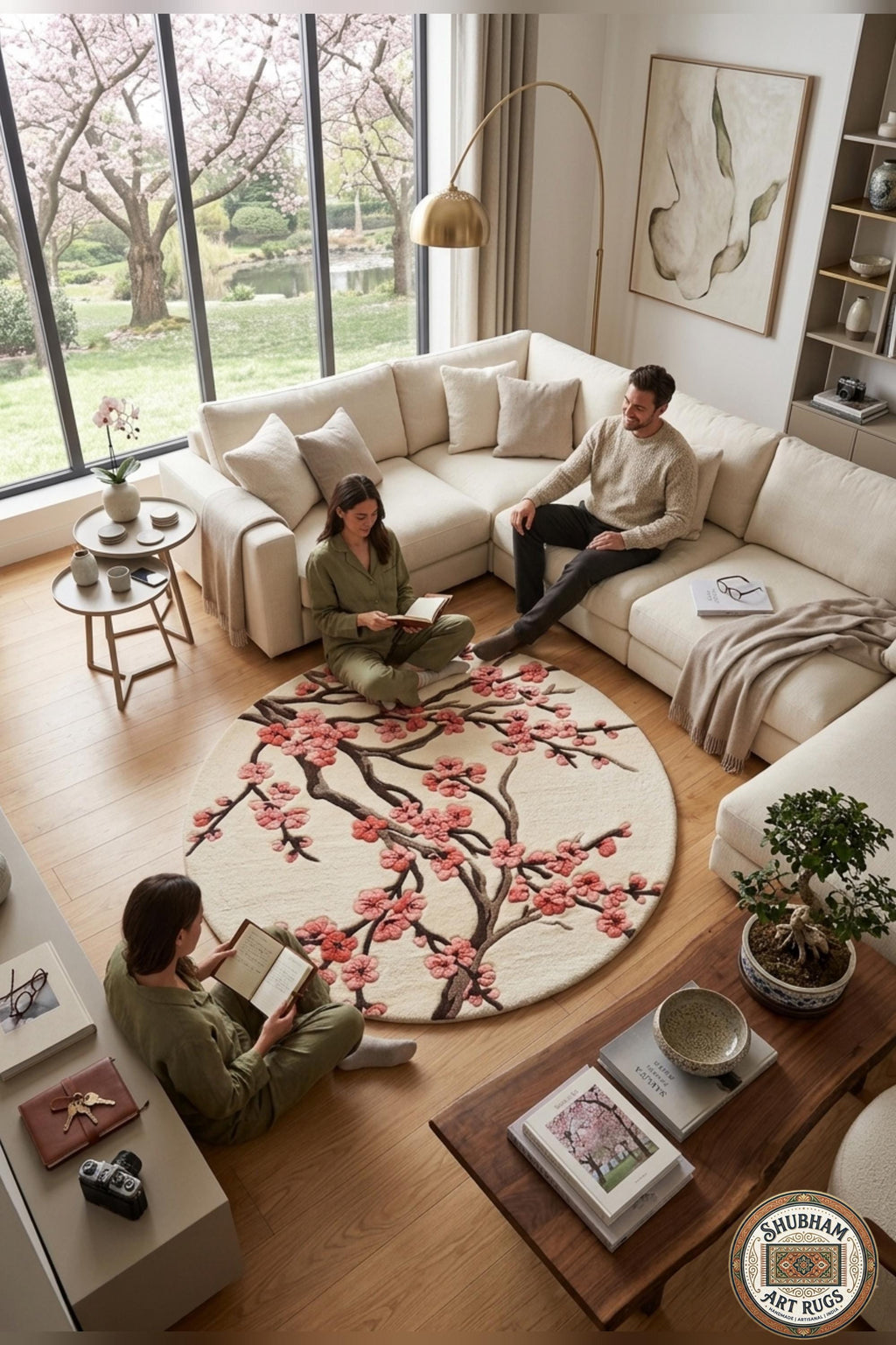 Hand Tufted Wool Cherry Blossom Rug, Sakura Floral Area Carpet, Luxury Decor