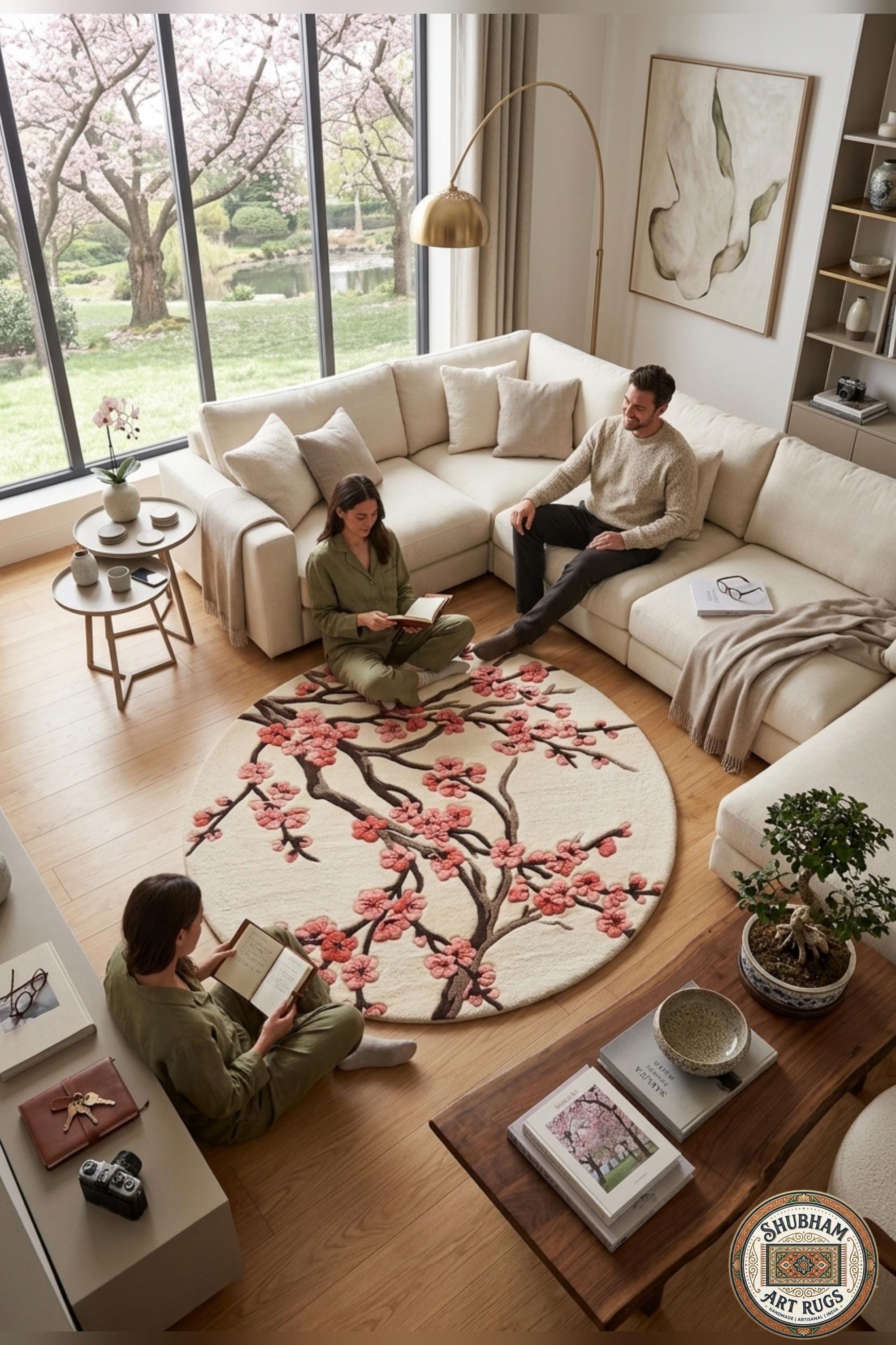Hand Tufted Wool Cherry Blossom Rug, Sakura Floral Area Carpet, Luxury Decor
