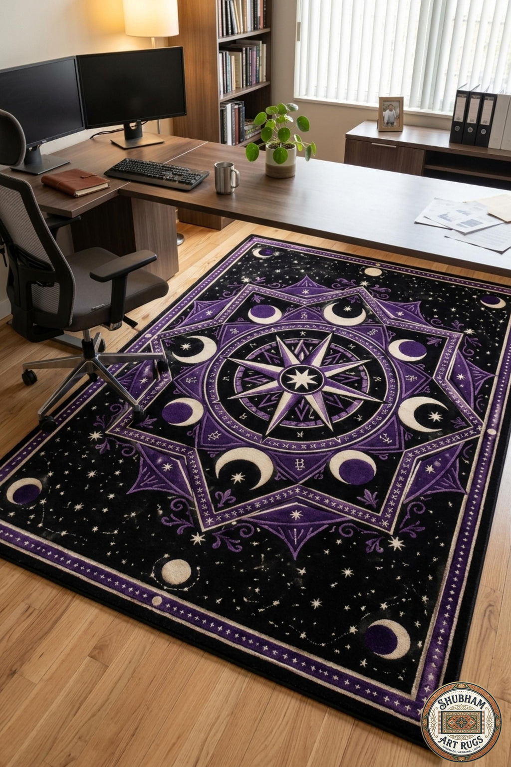 Hand Tufted Wool Celestial Rug, Purple Moon Star Carpet, Gothic Astrology Round Area Rug