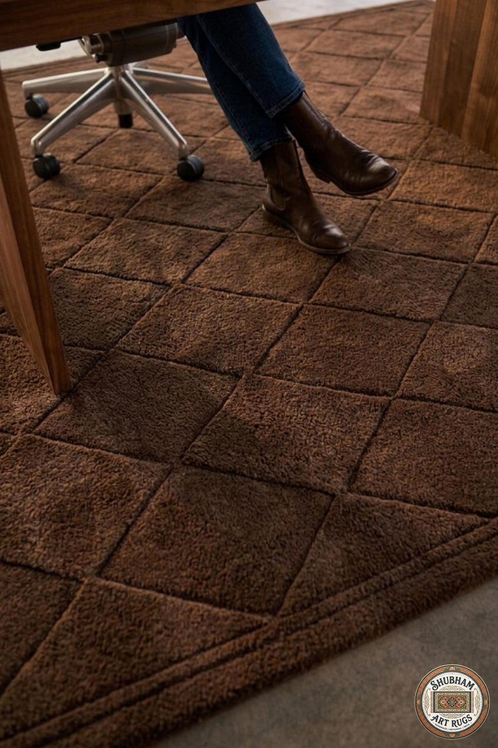Hand Tufted Wool Rug: Brown Geometric Diamond Pattern, Plush Living Room Carpet