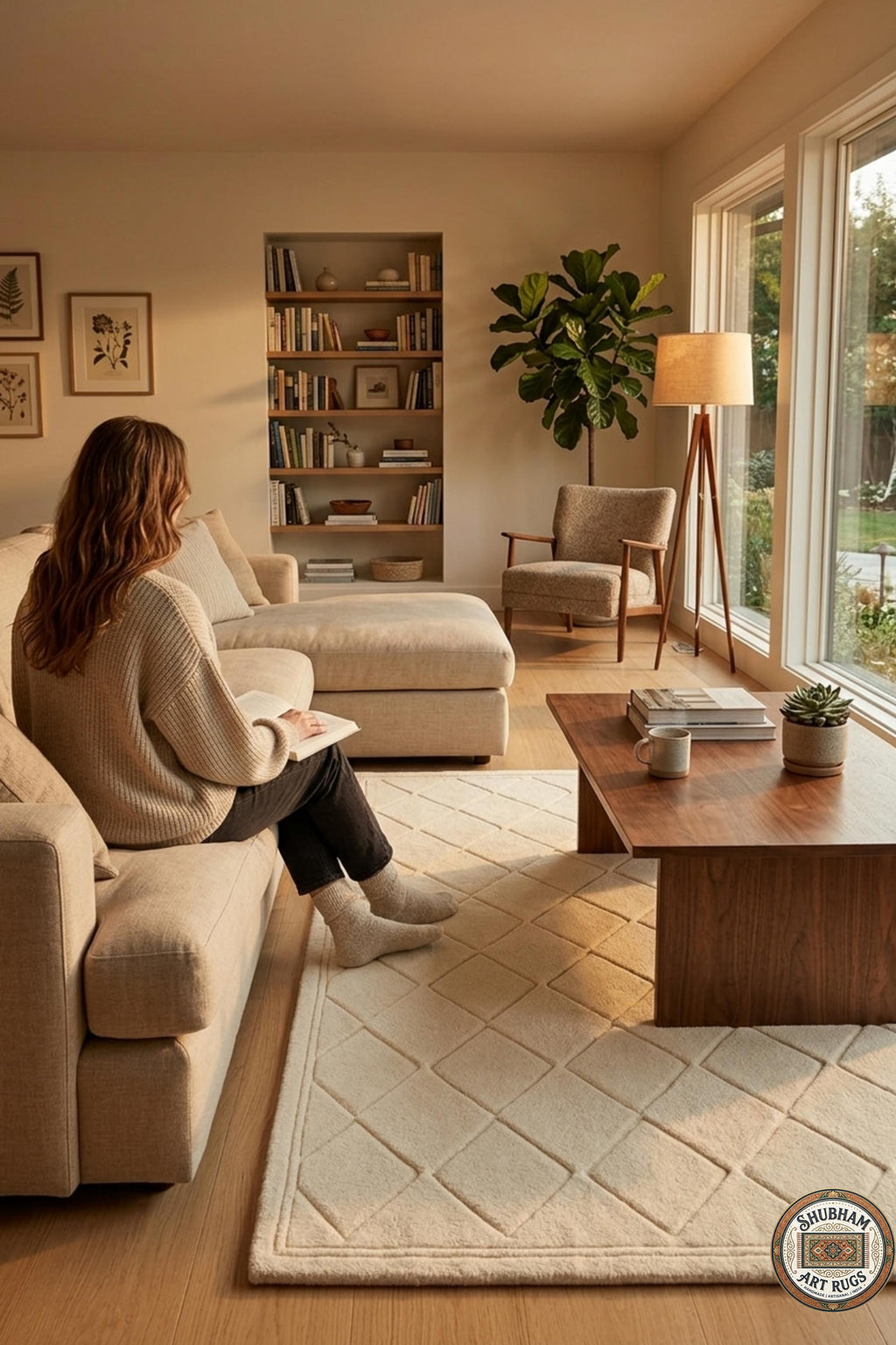 Hand Tufted Wool Rug: Ivory Geometric Diamond, Plush Modern Carpet