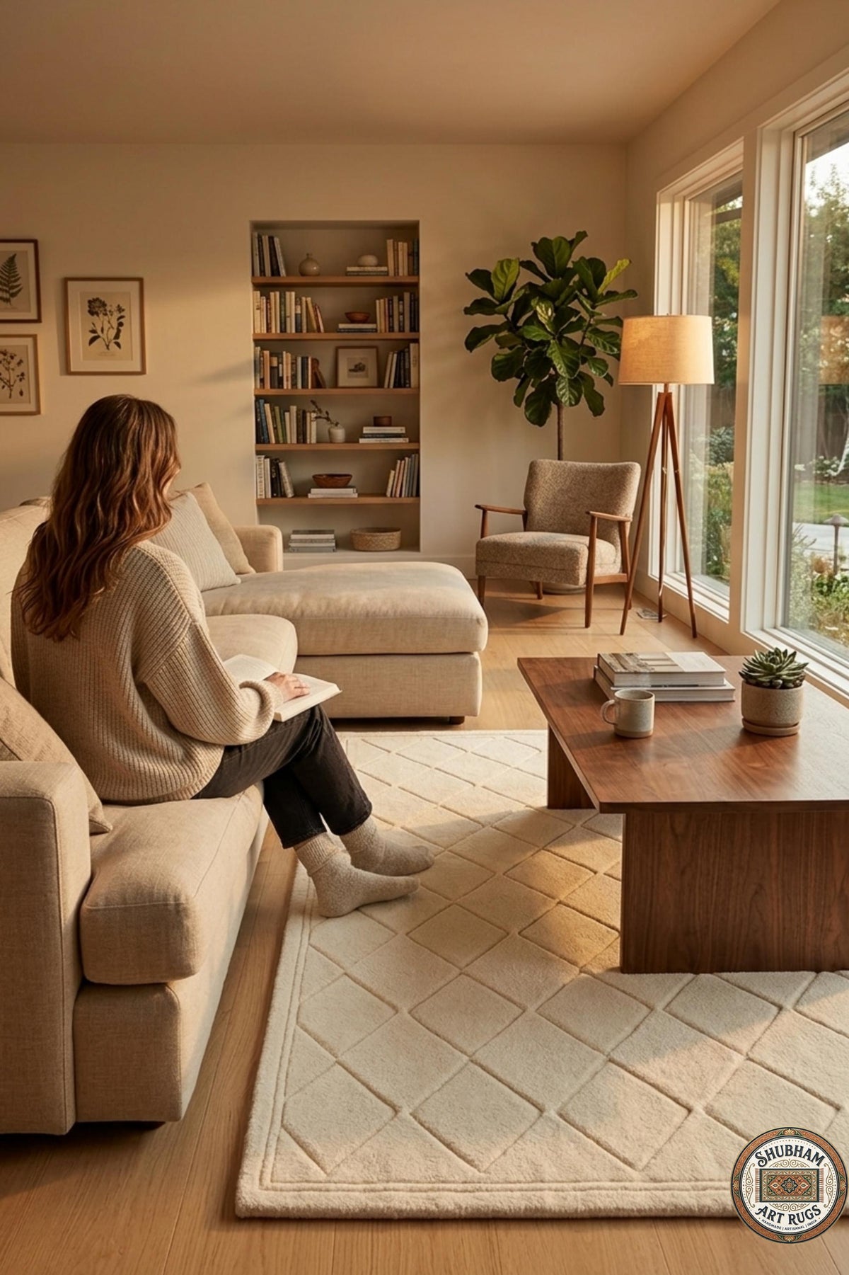 Hand Tufted Wool Rug: Ivory Geometric Diamond, Plush Modern Carpet