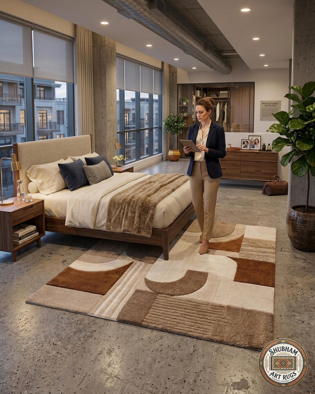 Hand Tufted Wool Rug, Modern Abstract Geometric Carpet, Neutral Beige Living Room Rug