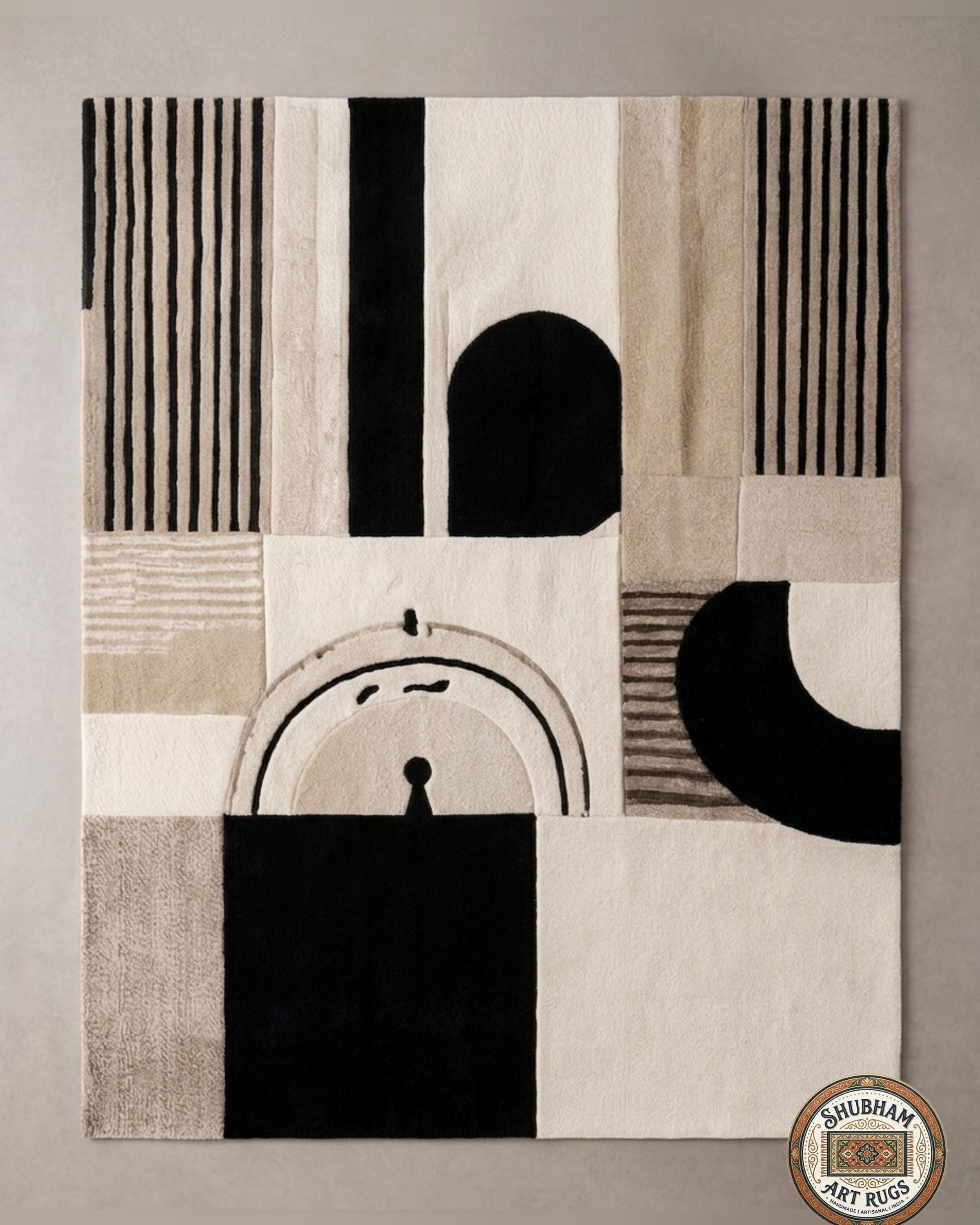 Hand Tufted Wool Rug, Modern Abstract Beige Black Carpet, Custom Area Living Room