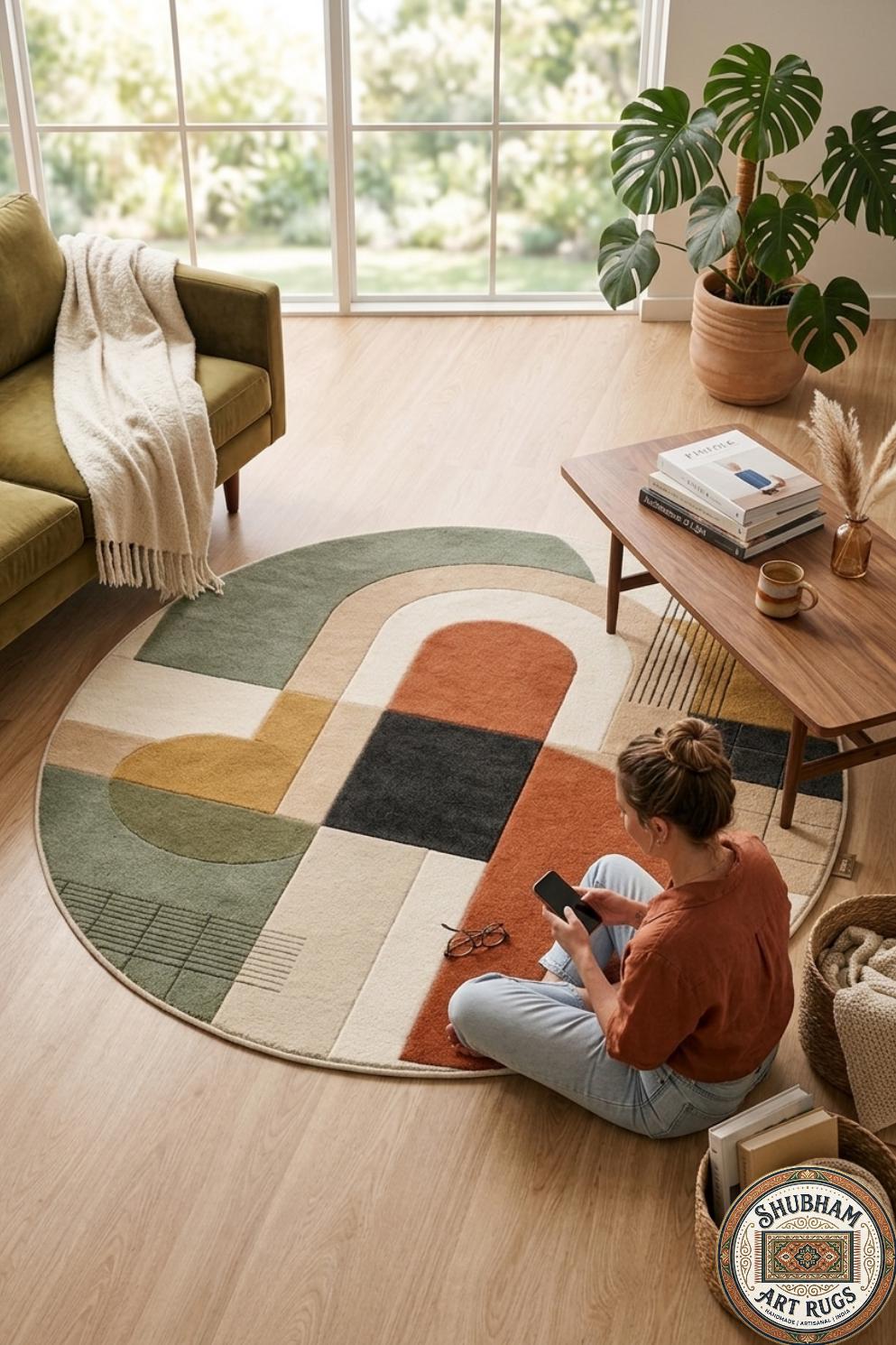 Hand Tufted Wool Rug, Geometric Abstract Mid Century Scandinavian Design