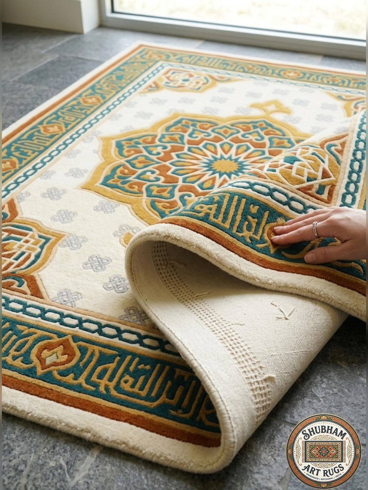 Hand Tufted Wool Rug, Islamic Moroccan Area Carpet, Cream Teal Gold Home Decor