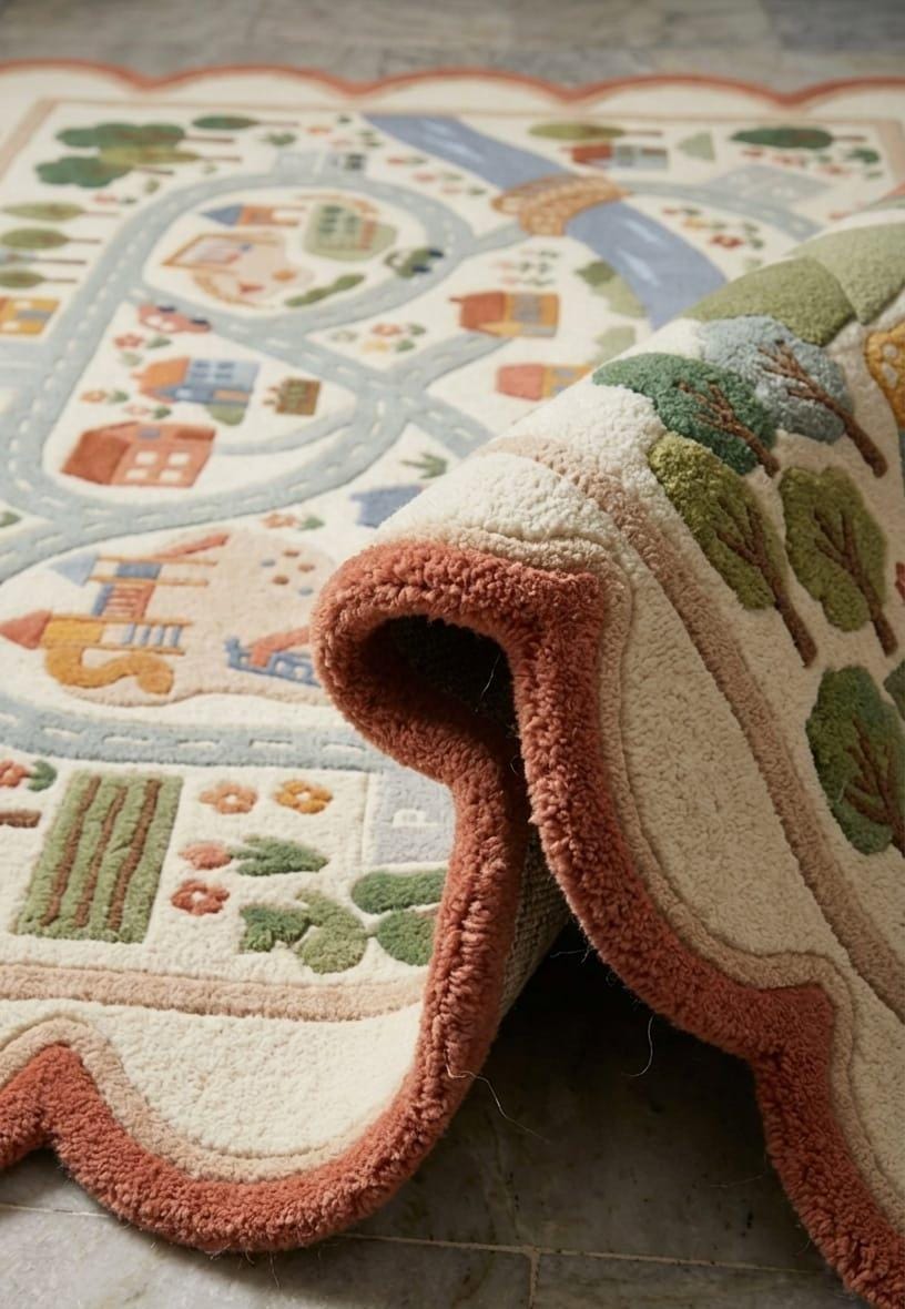 Hand Tufted New Zealand Wool Rug Kids Road Map Playroom & Nursery Area Carpet