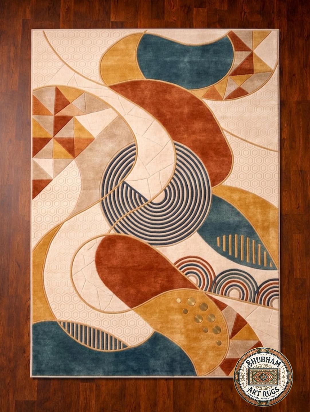 Hand Tufted Wool Area Rug, Modern Abstract Geometric Carpet, Beige Teal Rust Living Room