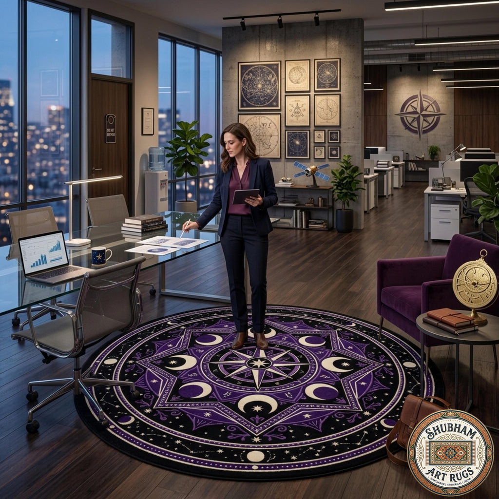 Hand Tufted Wool Celestial Rug, Purple Moon Star Carpet, Gothic Astrology Round Area Rug