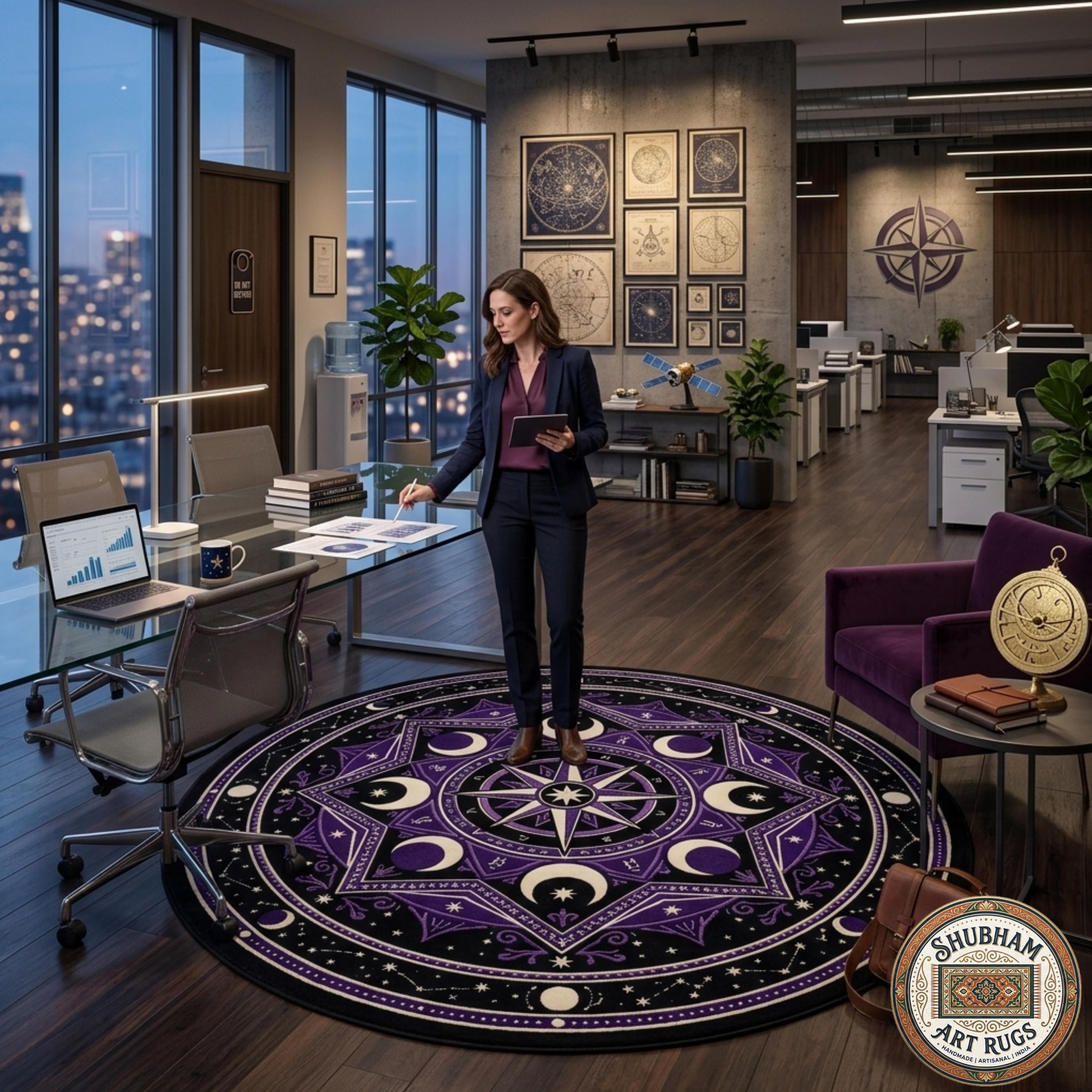 Hand Tufted Wool Celestial Rug, Purple Moon Star Carpet, Gothic Astrology Round Area Rug