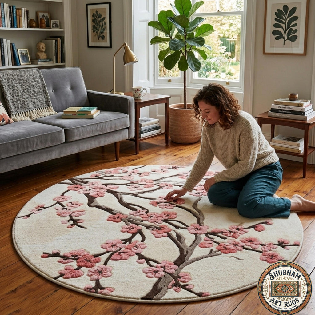 Hand Tufted Wool Rug, Cherry Blossom Floral, New Zealand wool, Japanese Style Carpet