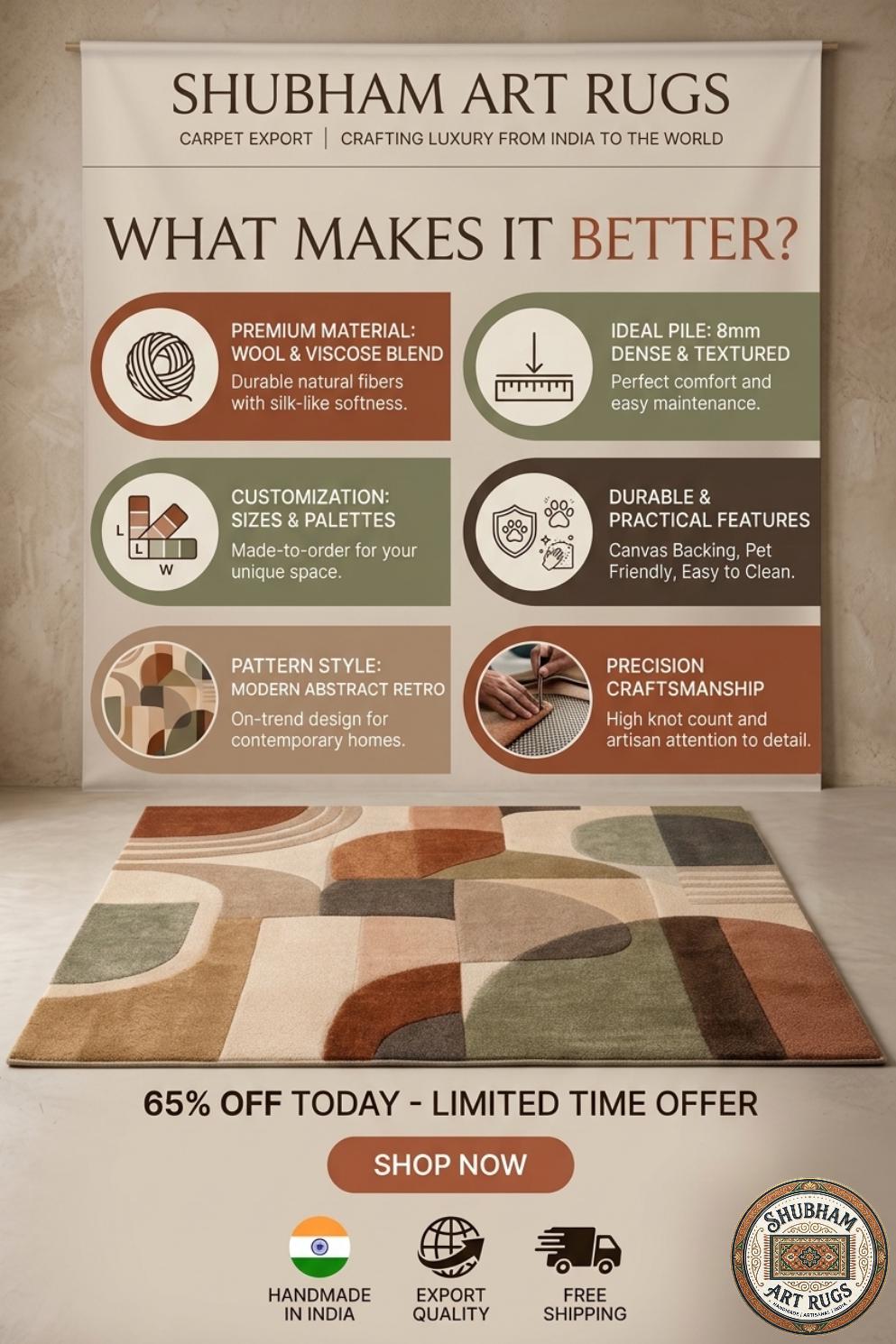 Hand Tufted Wool Rug: Modern Abstract Geometric Mid Century Carpet (Custom Size)