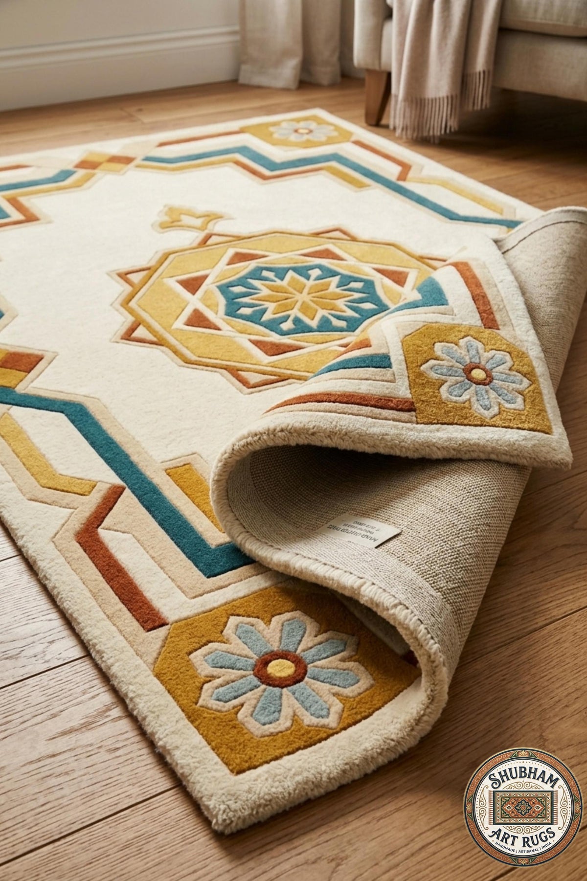 Hand Tufted Wool Rug, Persian Geometric , Cream Teal Gold Moroccan Style