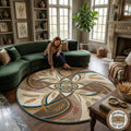Hand Tufted Wool Round Rug, Floral Abstract Art Deco, Beige Green Gold Living Room