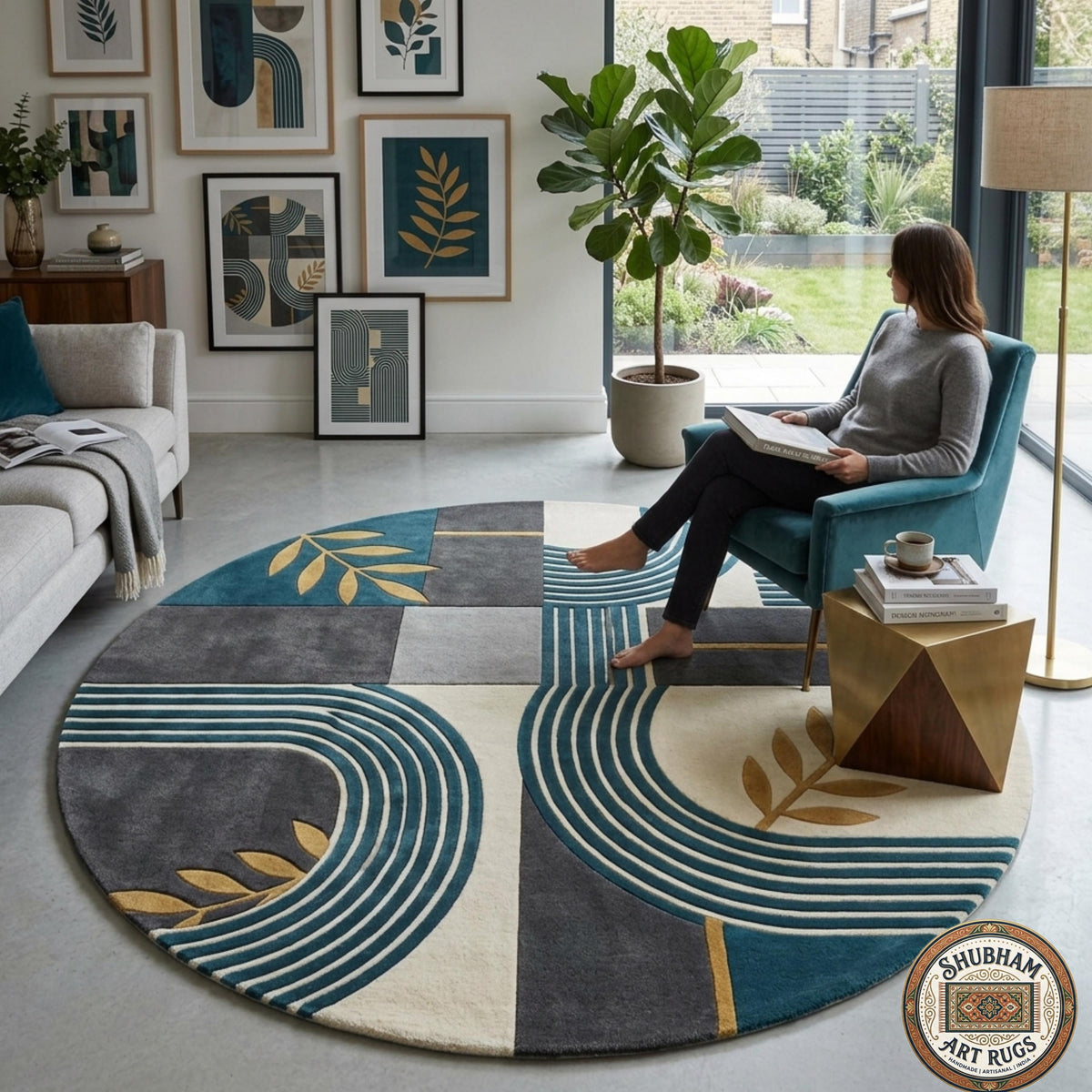 Hand Tufted Wool Rug, Modern Geometric Teal Cream Carpet, Living Room Bedroom Area Rug