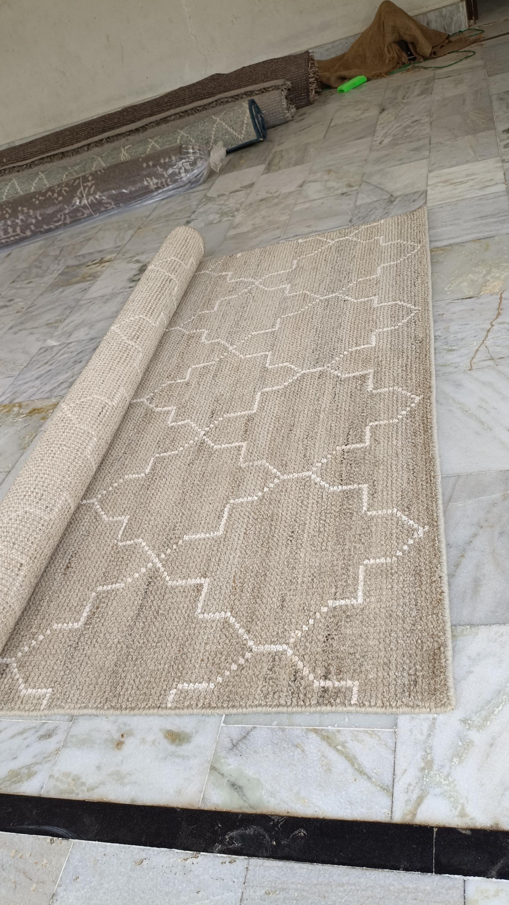 Hand Knotted Wool Rug, Beige Geometric Moroccan Style Living Room Carpet
