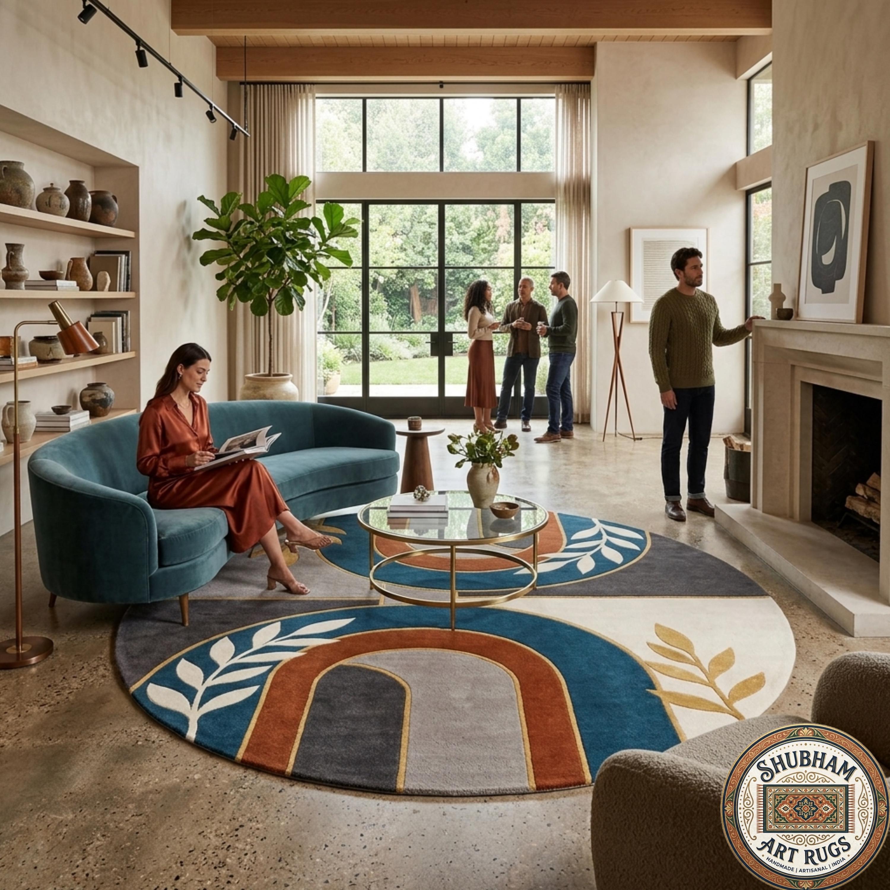 Alfombra de lana tejida a mano, alfombra abstracta geométrica, decoración moderna para sala de estar