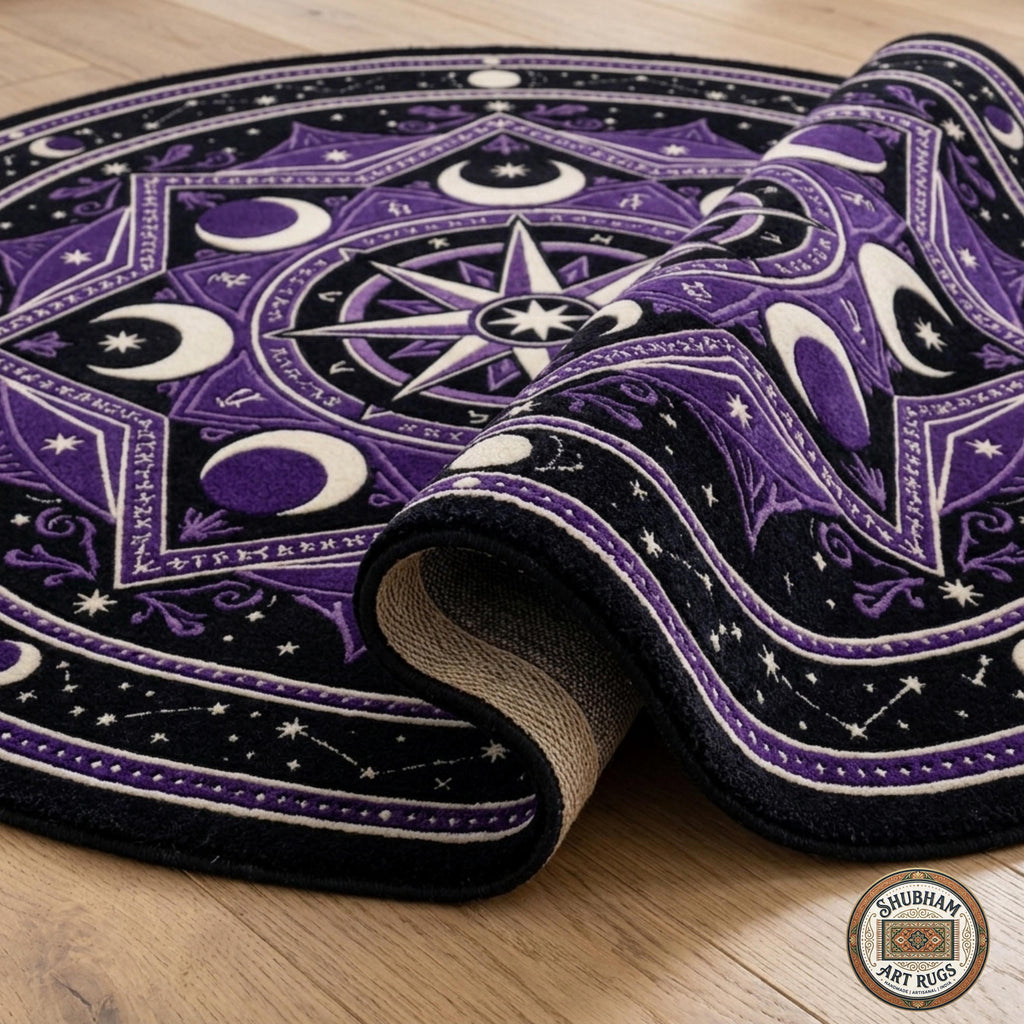 Hand Tufted Wool Celestial Rug, Purple Moon Star Carpet, Gothic Astrology Round Area Rug
