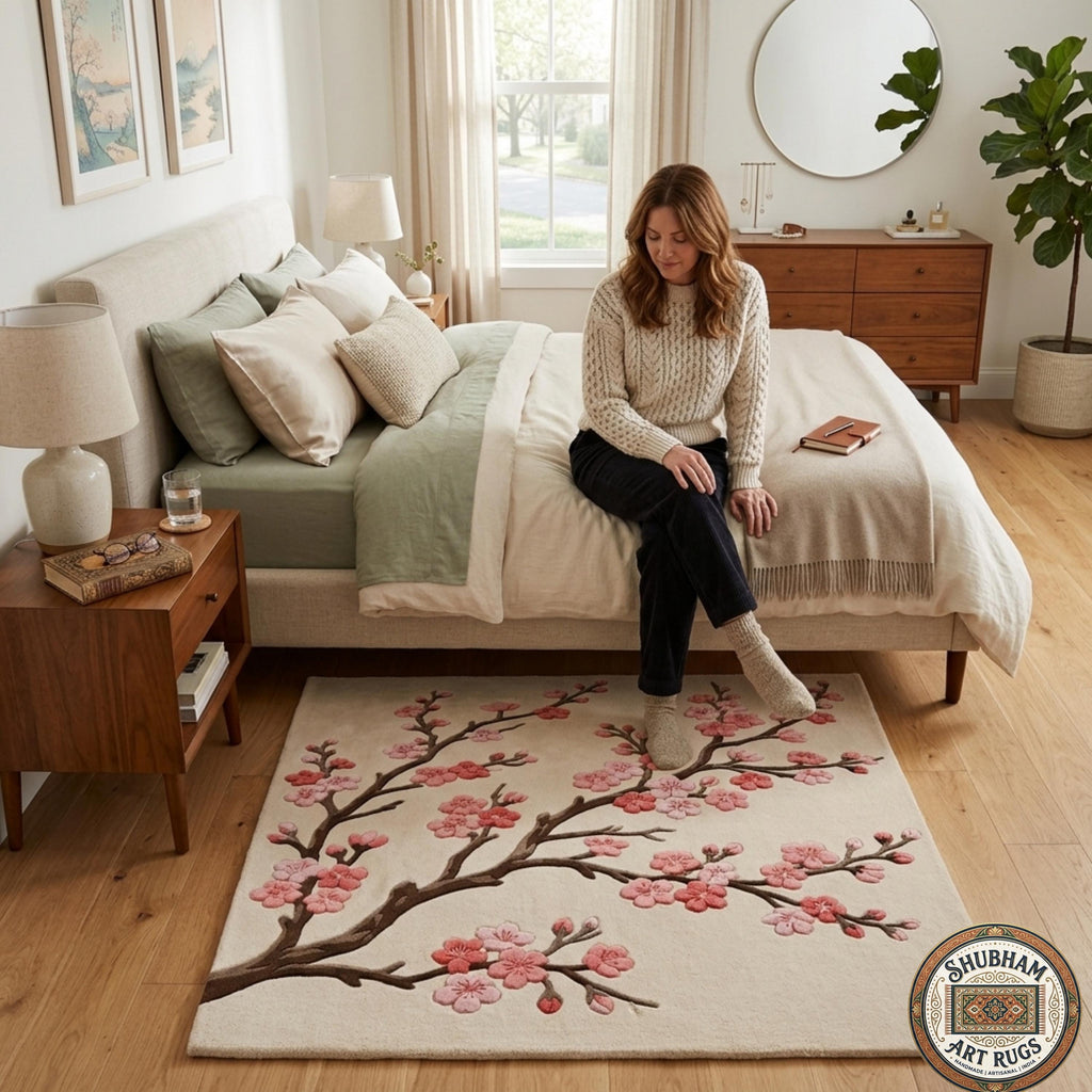 Hand Tufted Wool Cherry Blossom Rug, Floral Sakura Carpet, Shubham Art Rugs
