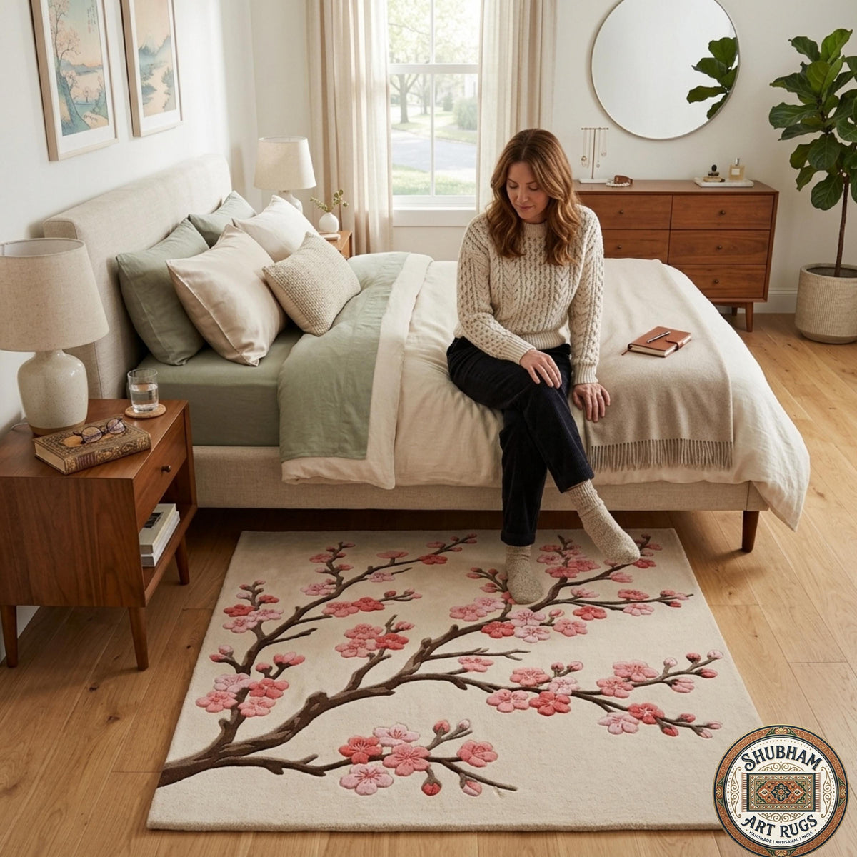 Hand Tufted Wool Cherry Blossom Rug, Floral Sakura Carpet, Shubham Art Rugs