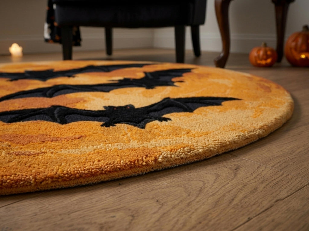Halloween Bat Rug, Hand Tufted New Zealand Wool, Orange Moon Area Rug, Spooky Gothic Decor, Bat Lover Gift, Fall Home Accent Decor!