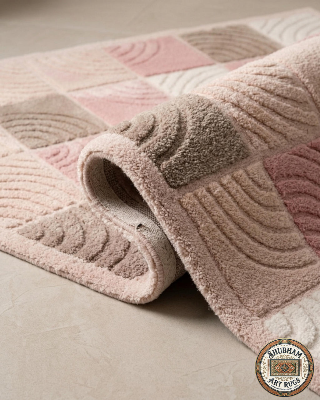 Hand Tufted Wool Rug, Soft Pink Beige Checkered Nursery Carpet, New Zealand wool