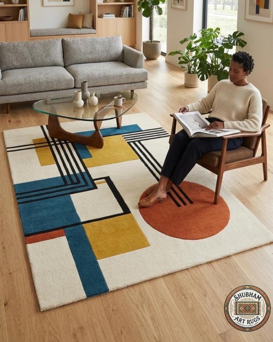 Hand Tufted Geometric Wool Rug: Modern Plush Living Room Carpet