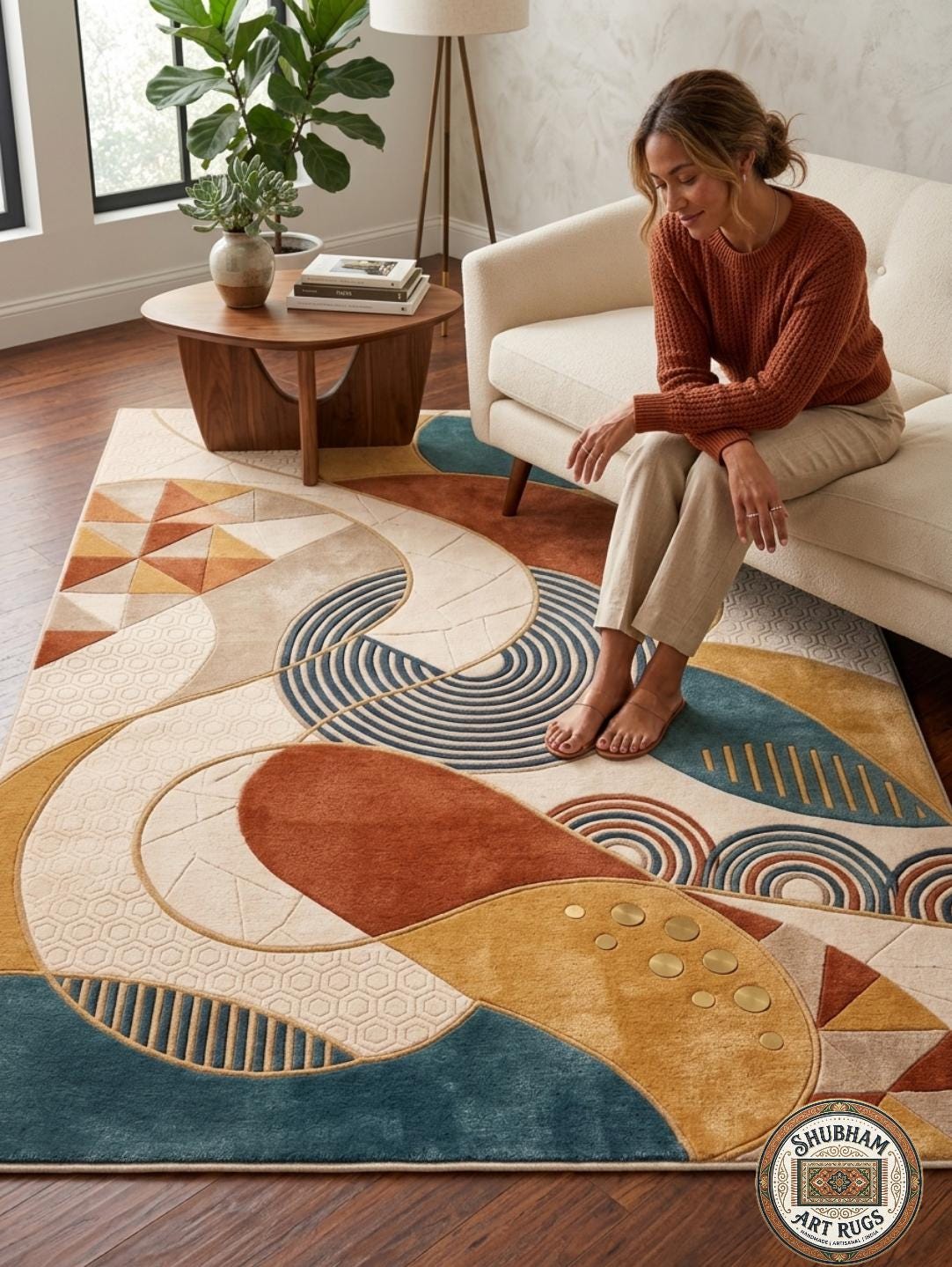 Hand Tufted Wool Area Rug, Modern Abstract Geometric Carpet, Beige Teal Rust Living Room