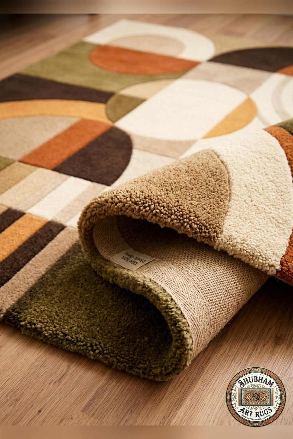 Hand Tufted Wool Rug, Geometric Abstract Mid Century Carpet, Organic Art Home Decor