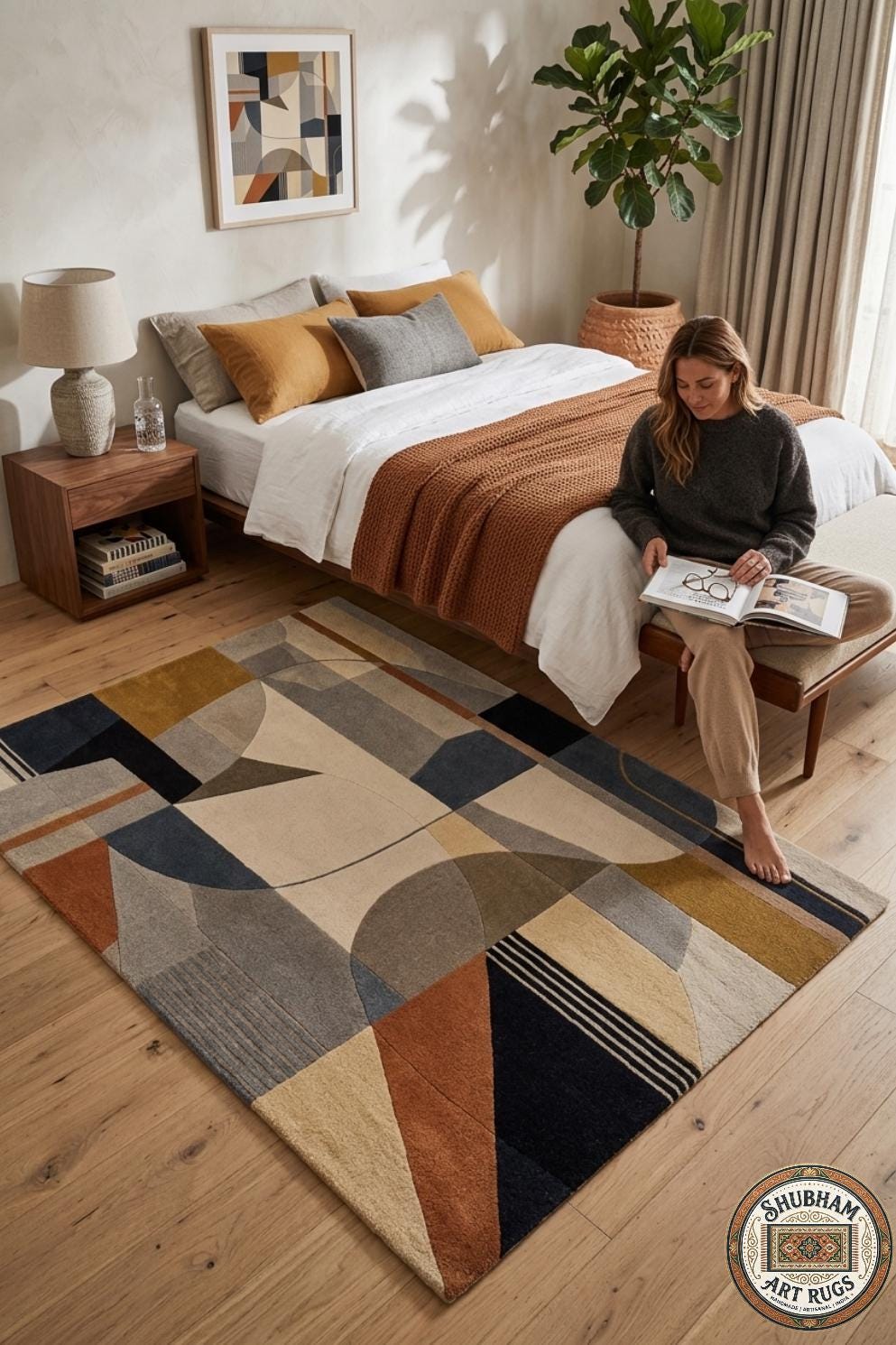 Hand Tufted Wool Rug: Modern Abstract Geometric Area Carpet, Neutral Beige Home Decor