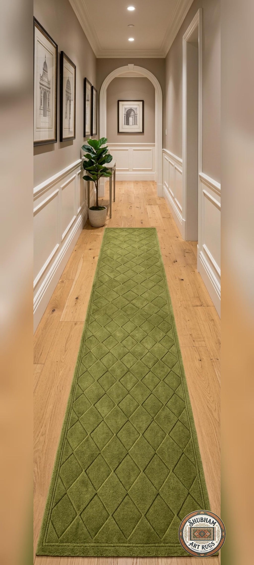 Hand Tufted Wool Rug: Green Geometric Diamond Carpet, Soft Dense Pile