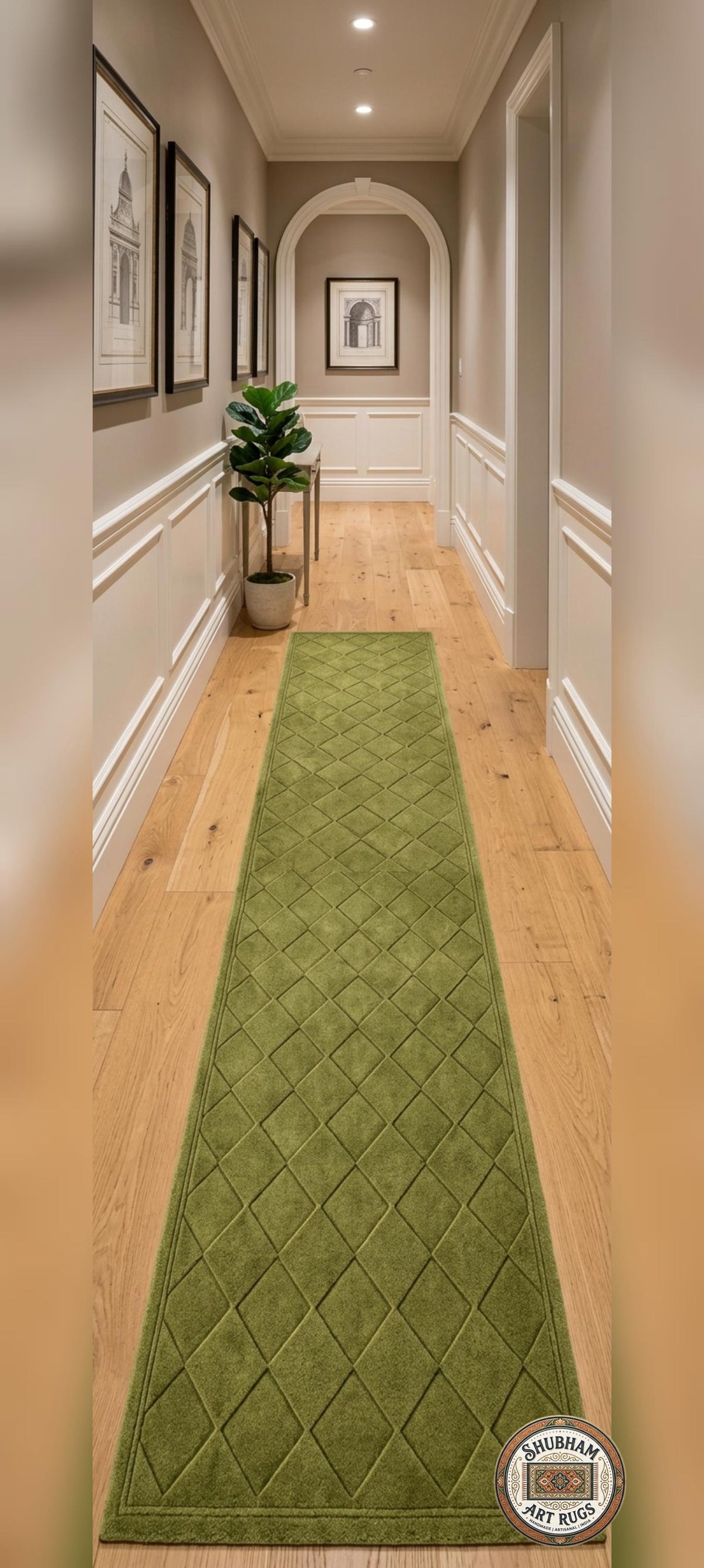 Hand Tufted Wool Rug: Green Geometric Diamond Carpet, Soft Dense Pile
