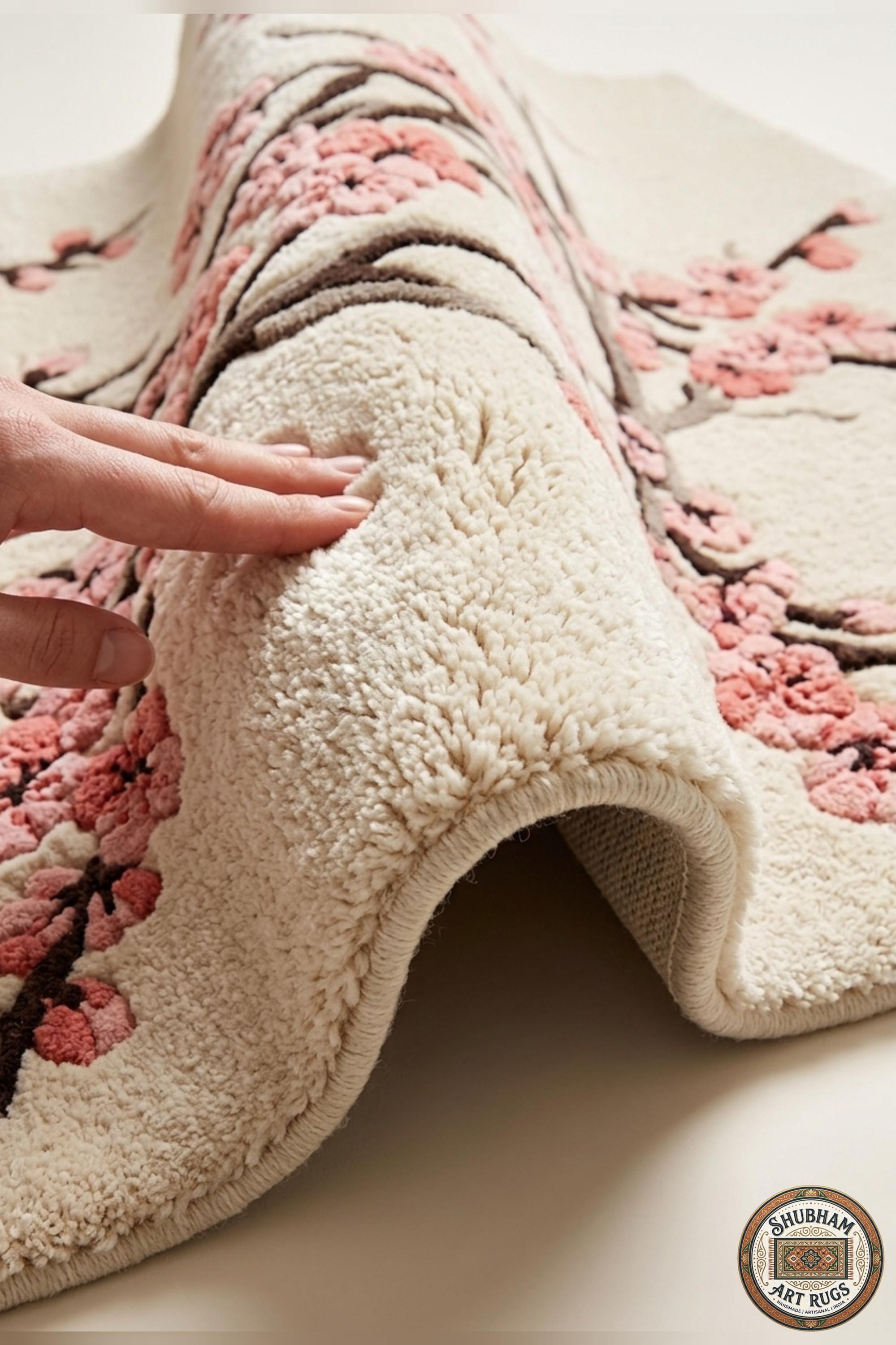 Hand Tufted Wool Cherry Blossom Rug, Sakura Floral Area Carpet, Luxury Decor