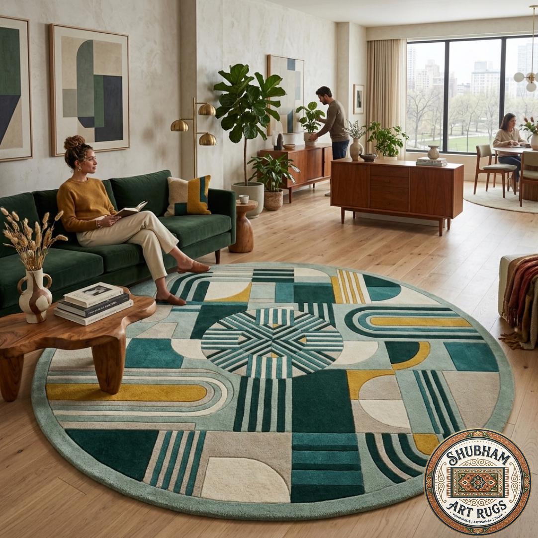 Hand Tufted Wool Rug, Modern Geometric Abstract Carpet, Green Cream Mustard, Custom Size