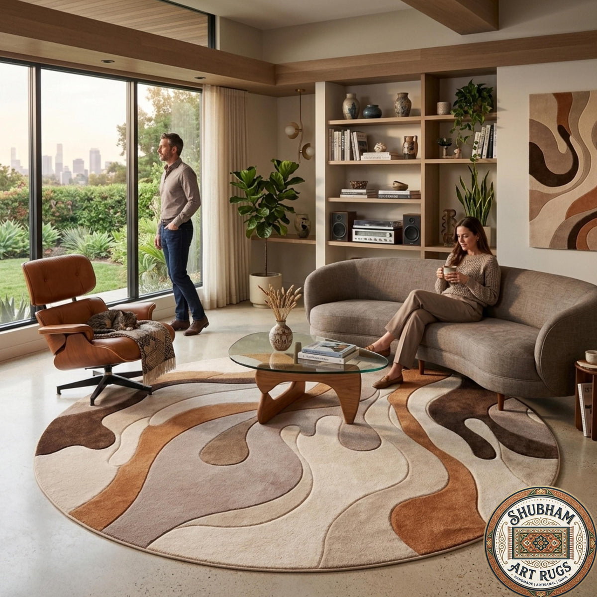 Abstract Wavy Wool Rug, Modern Neutral Beige Brown Carpet, Custom Area Rug