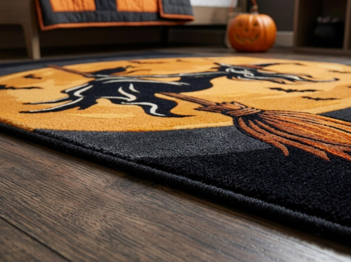 Hand Tufted Halloween Witch Rug, New Zealand Wool Area Rug, Black Orange Fall Decor, Cozy Gothic Home Bedroom Living Room Carpet Accent