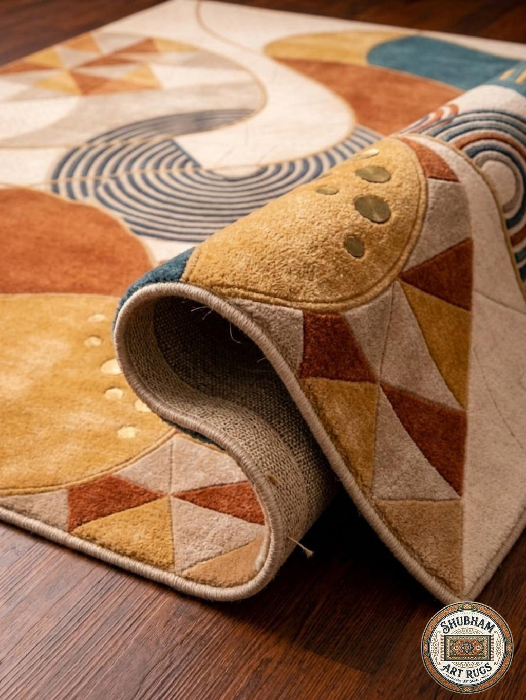 Hand Tufted Wool Area Rug, Modern Abstract Geometric Carpet, Beige Teal Rust Living Room